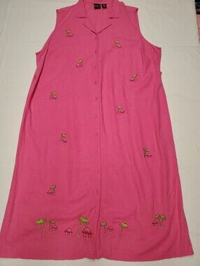 Erika Woman 2X Pink Linen Tropical Hut Palm Tree Embroidered Shirtdress
